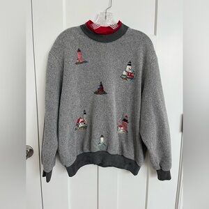 Vtg Lighthouse Sweatshirt Womens L Petite BonWorth Coastal Nautical Embroidered
